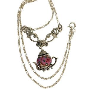 Women’s 16" sterling silver Figaro Chain teapot charm Necklace Grandmacore